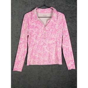 Lilly Pulitzer Reema Polo Top Womens M Floral Pullover Gold Buttons Long Sleeve